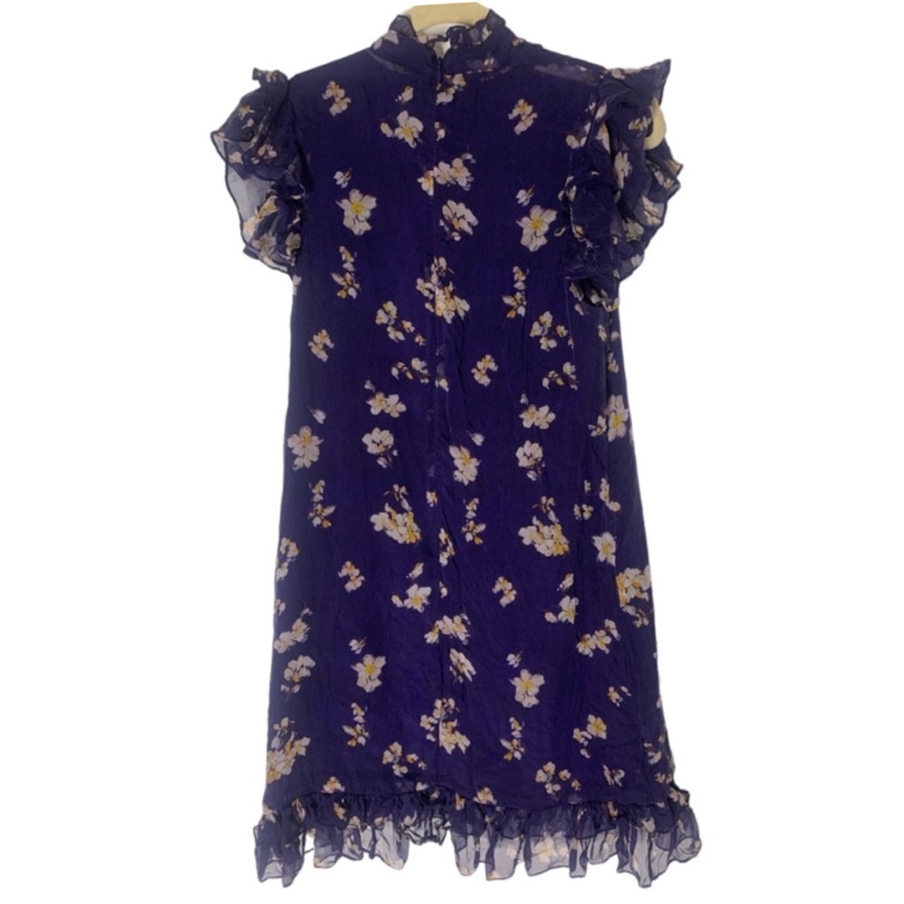 Caroline Constas New York Medium Navy Floral Print Ruffle Trim 100% Silk Dress